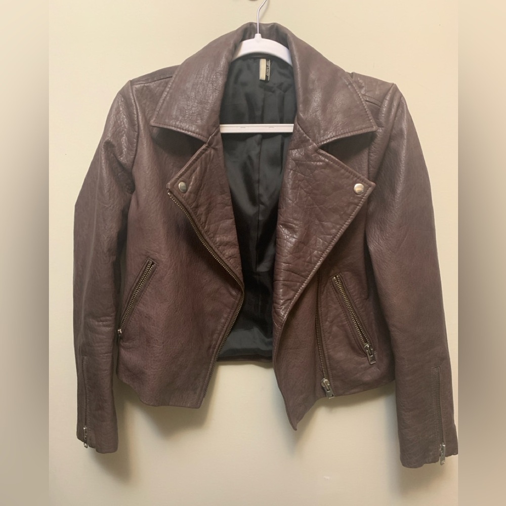 TOPSHOP Burgundy Buffalo Skin Moto Jacket